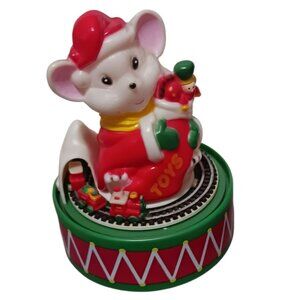 Kmart vtg Mouse Christmas Music Box With Rotating Train On Drum Base Red/Green